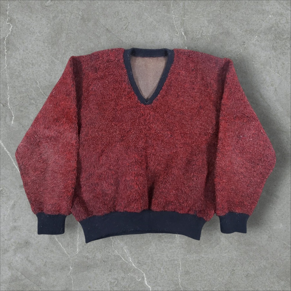 Vintage V-Neck Sweater Mens L Burgundy Fuzzy Knit Retro Shaggy Pullover Mohair